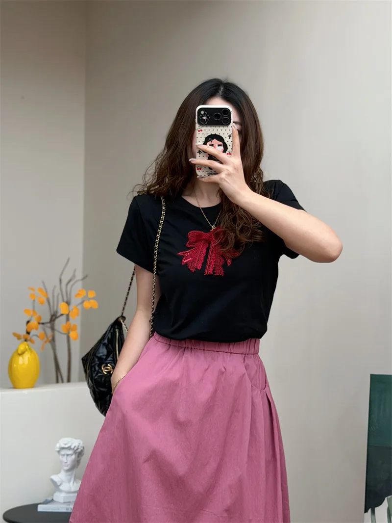 Sweet Cool Spicy Knot Embroidered Slimming Short Sleeve T-Shirt Women's Casual Style Cotton round Neck Top
Sweet Cool Spicy Knot Embroidered Slimming Short Sleeve T-Shirt Women's Casual Style Cotton round Neck Top
