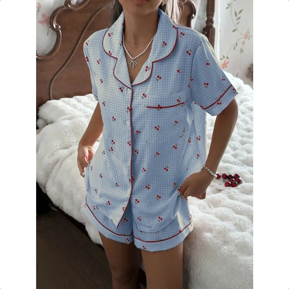 Women Pink Plaid Cherry Print Lapel Short Sleeve & Shorts Soft Loungewear Pajama Set
Women Pink Plaid Cherry Print Lapel Short Sleeve & Shorts Soft Loungewear Pajama Set