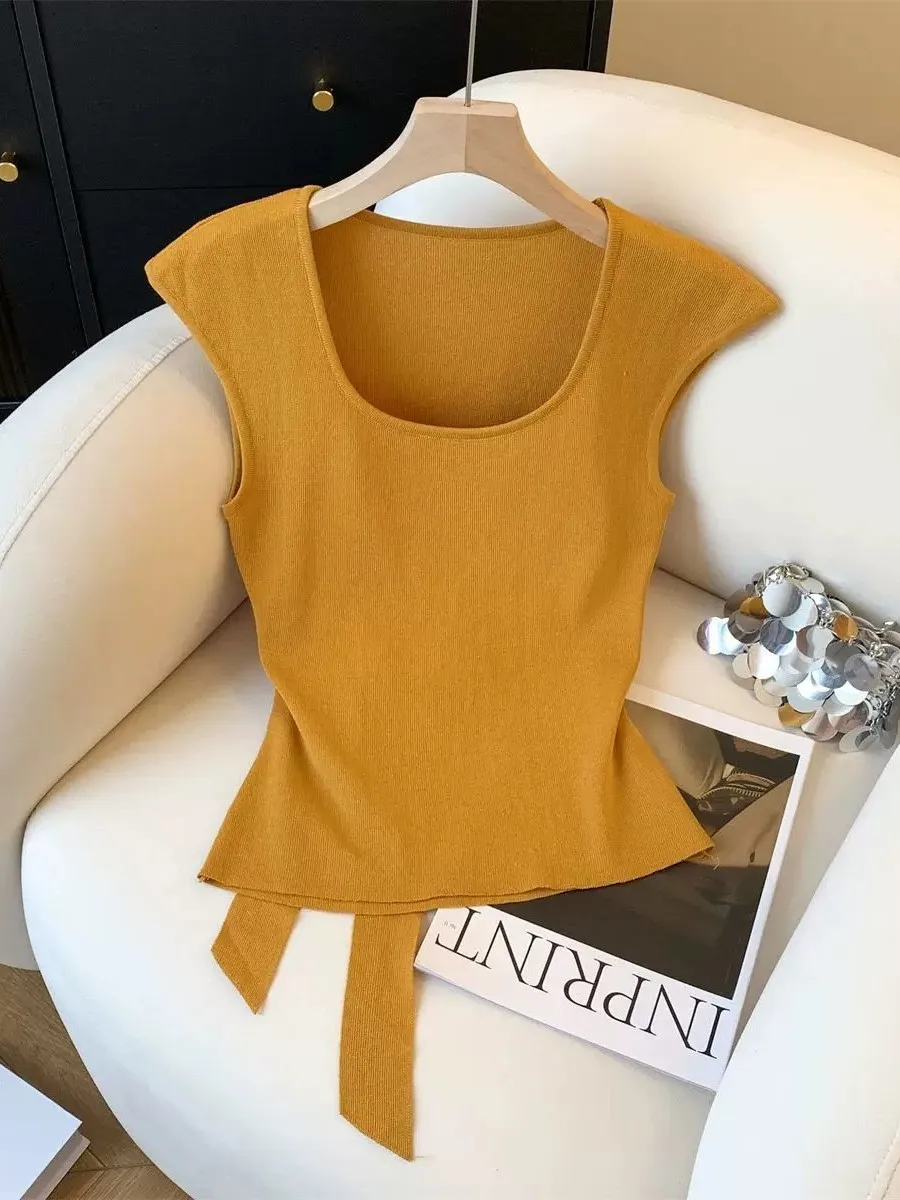Korean Style Square Collar Back Bow Tie Short Sleeve Knitted Sweater Women's Summer New Pure Color Slimming Versatile Top
Korean Style Square Collar Back Bow Tie Short Sleeve Knitted Sweater Women's Summer New Pure Color Slimming Versatile Top