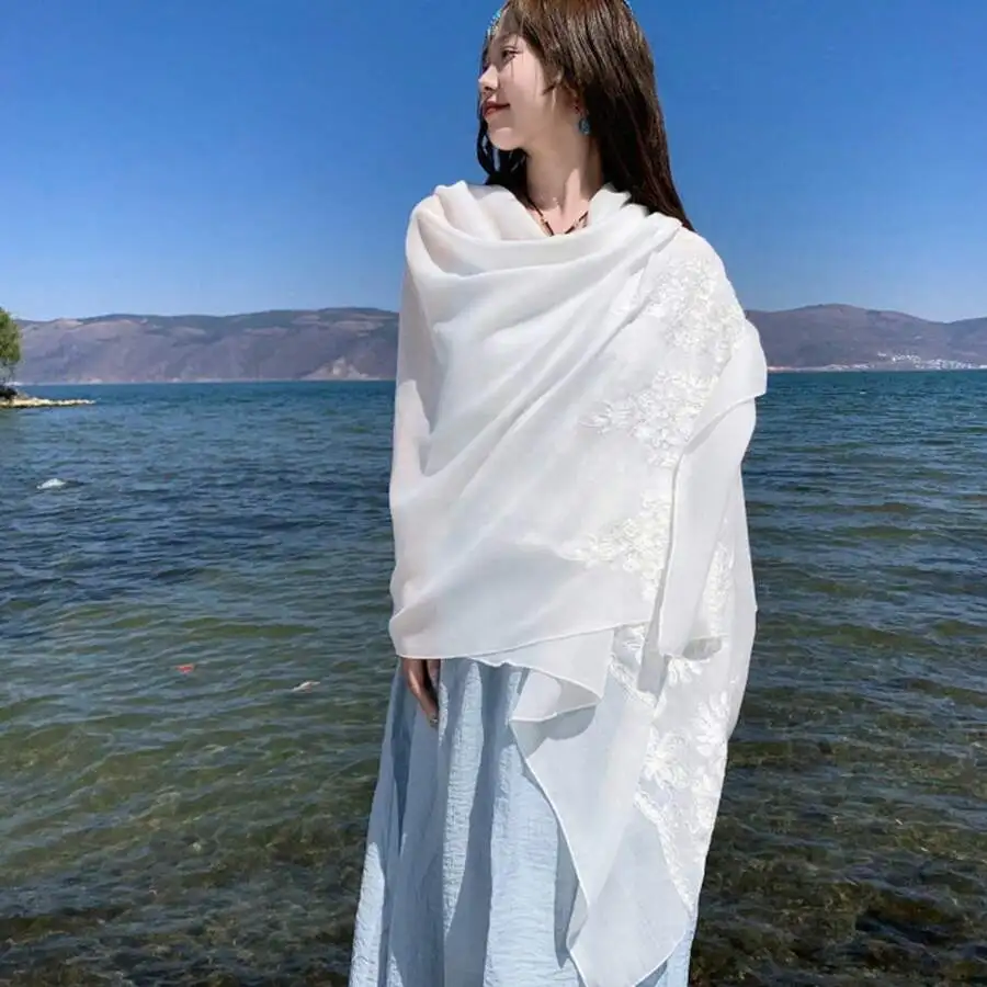 Vintage Embroidered White Shawl Scarf For Women, Loose Long Solid Color Crochet Wrap, Breathable Fabric For All Seasons
Vintage Embroidered White Shawl Scarf For Women, Loose Long Solid Color Crochet Wrap, Breathable Fabric For All Seasons