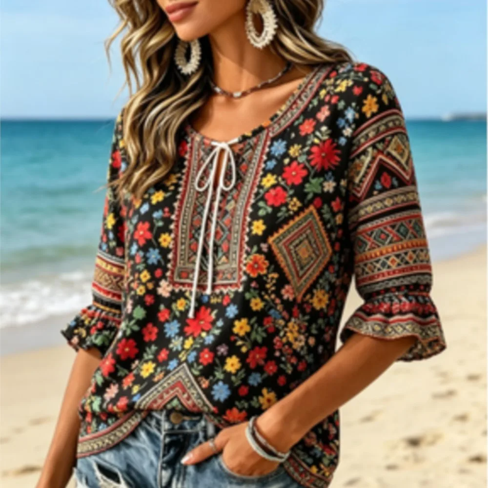 Women's Black Boho Multicolor Tiny Floral Ethnic Patchwork Print Tie Neck Ruffle Loose Vacation Blouse
Women's Black Boho Multicolor Tiny Floral Ethnic Patchwork Print Tie Neck Ruffle Loose Vacation Blouse