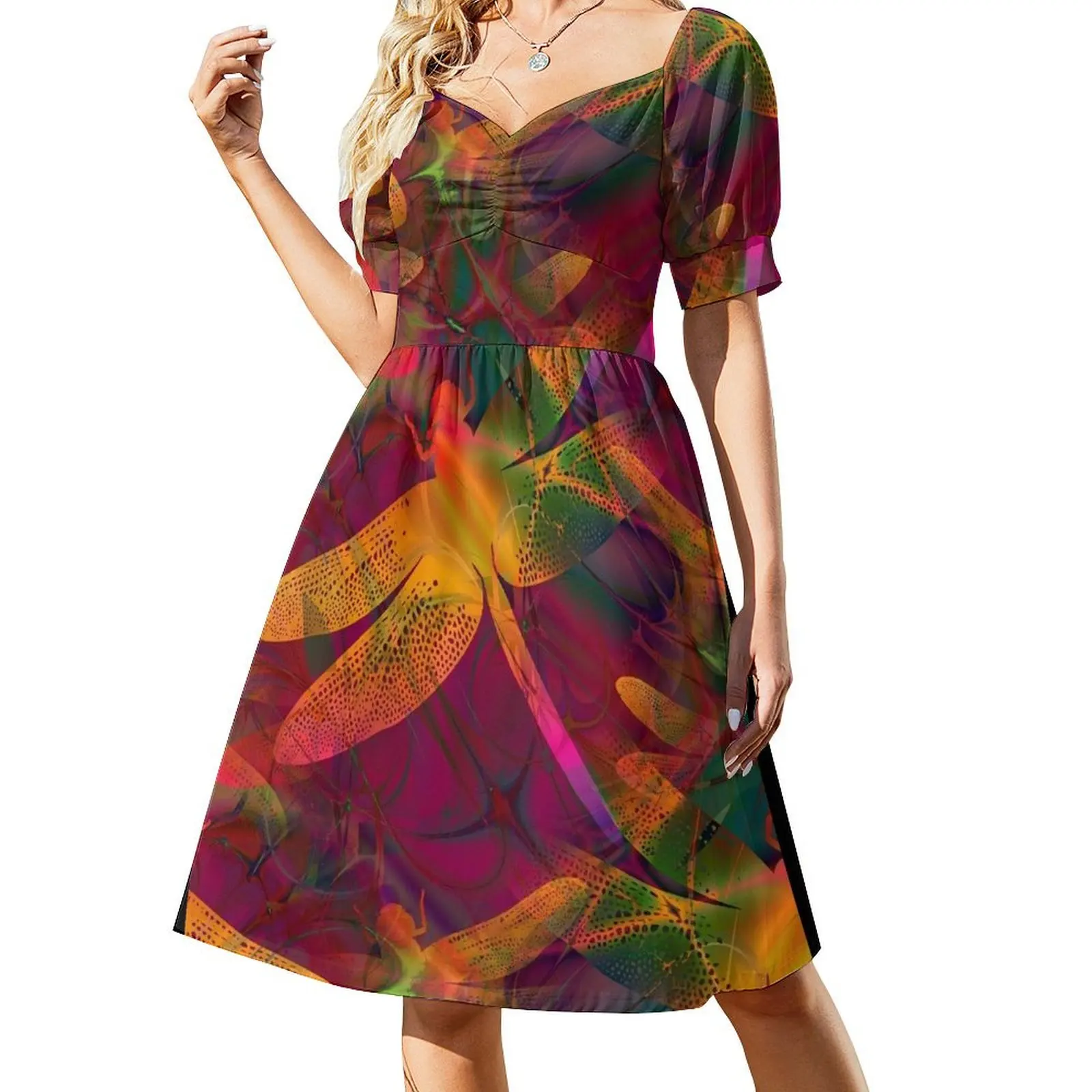 Colorful Dragonfly Pattern Gold Magenta Short-Sleeved Dress evening dresses ladies Female clothing clothes
Colorful Dragonfly Pattern Gold Magenta Short-Sleeved Dress evening dresses ladies Female clothing clothes