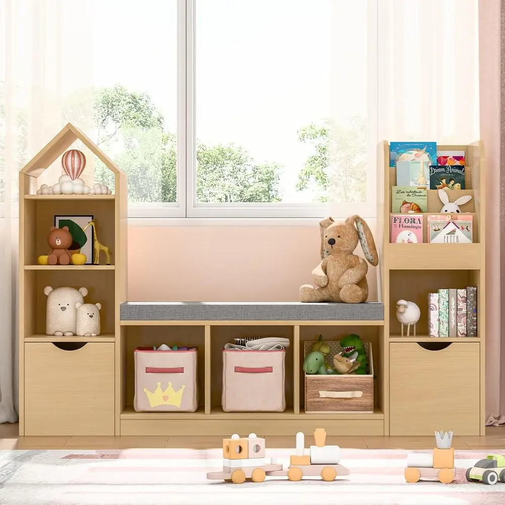 Oak Kids Bookcase with Reading Nook, 7 Storage Shelves, 2 Movable Desks, and Bench for Playroom or Bedroom
Oak Kids Bookcase with Reading Nook, 7 Storage Shelves, 2 Movable Desks, and Bench for Playroom or Bedroom