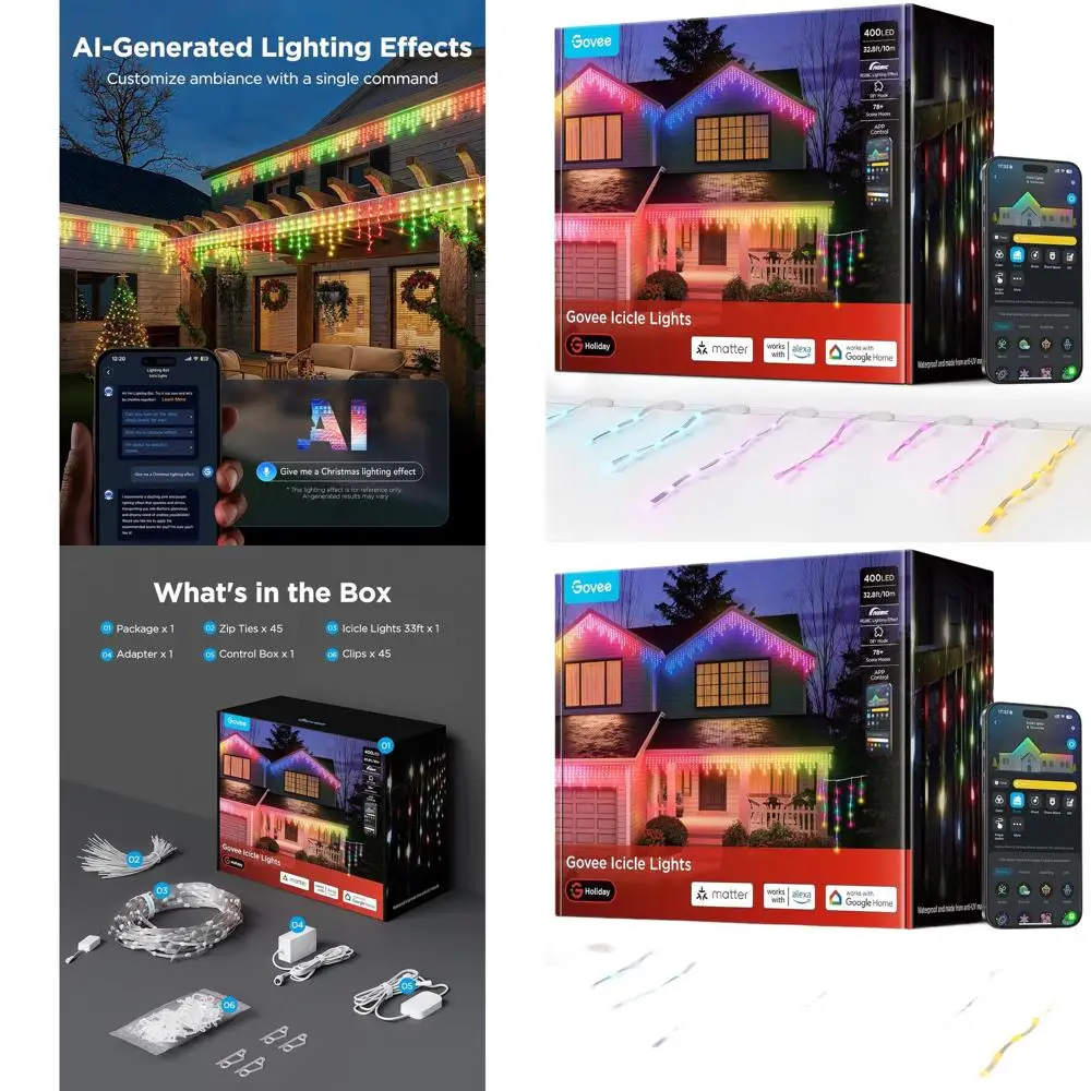 33-футовые уличные рождественские огни-сосульки RGBIC с 400 светодиодами, водонепроницаемые, синхронизация музыки, голосовое управление, 78 режимов сцен
33-футовые уличные рождественские огни-сосульки RGBIC с 400 светодиодами, водонепроницаемые, синхронизация музыки, голосовое управление, 78 режимов сцен