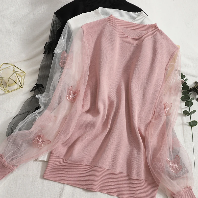 2023 Spring Autumn Long Sleeve Sweater Women Sweet Butterfly Mesh Patchwork Knitwears Ladies Basic Bottom Pullovers Short Tops
2023 Spring Autumn Long Sleeve Sweater Women Sweet Butterfly Mesh Patchwork Knitwears Ladies Basic Bottom Pullovers Short Tops