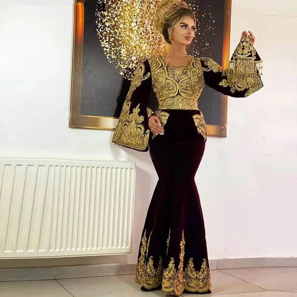 Classic Kosovo Vestidos Formales Velvet Evening Dresses Flared Sleeves Golden Applique Lace Mermaid 2026 Customized Prom Dress
Classic Kosovo Vestidos Formales Velvet Evening Dresses Flared Sleeves Golden Applique Lace Mermaid 2026 Customized Prom Dress