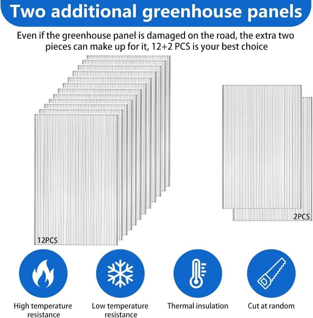 14 Pcs Twin-Wall Polycarbonate Greenhouse Panels 4x2 ft Weatherproof Shatterproof for Garden Covering
14 Pcs Twin-Wall Polycarbonate Greenhouse Panels 4x2 ft Weatherproof Shatterproof for Garden Covering