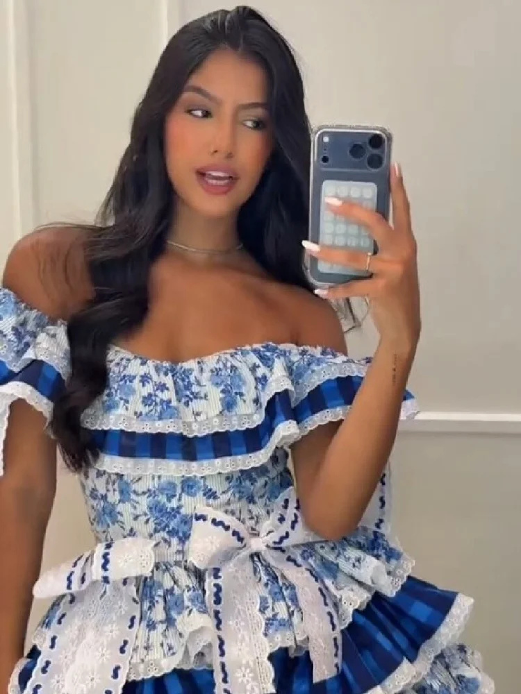 Off Shoulder Blue Floral Plaid Ruffle Tiered Mini Dress Lace Up Back Lolita Style Cottagecore Party Graduation Dress With Bow
Off Shoulder Blue Floral Plaid Ruffle Tiered Mini Dress Lace Up Back Lolita Style Cottagecore Party Graduation Dress With Bow