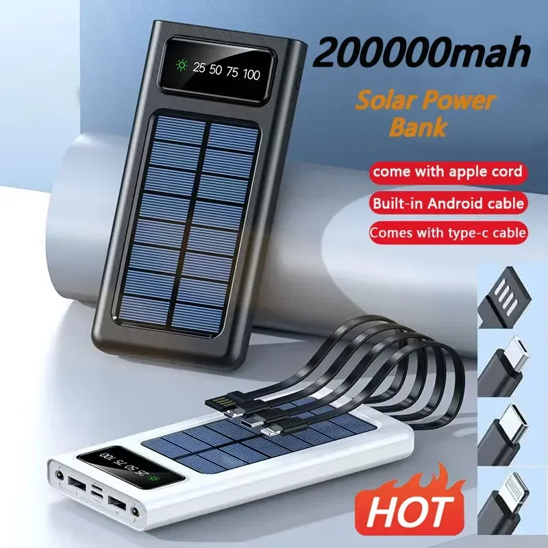 Solar Power Bank Built Cables 200000mAh Solar Charger 2 USB Ports External Charger Powerbank With LED Light For Xiaomi iphone
Solar Power Bank Built Cables 200000mAh Solar Charger 2 USB Ports External Charger Powerbank With LED Light For Xiaomi iphone