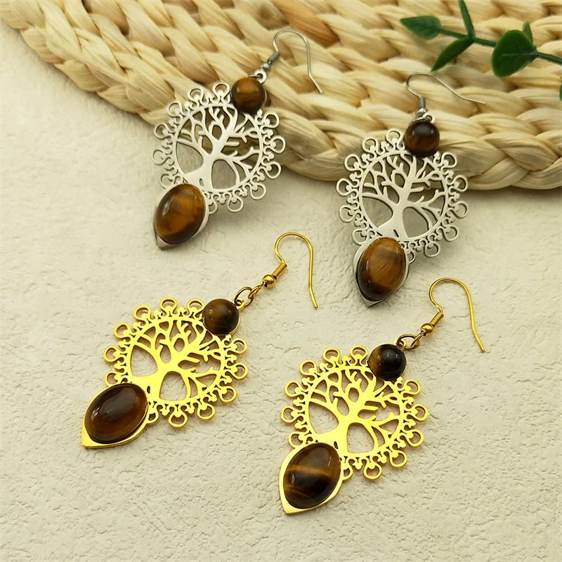 Boho Tree Of Life Tiger Of Stone Hoop Earrings For Women Stainless Steel Gold Color Hollow Earring Double Stone Party Jewelry
Boho Tree Of Life Tiger Of Stone Hoop Earrings For Women Stainless Steel Gold Color Hollow Earring Double Stone Party Jewelry