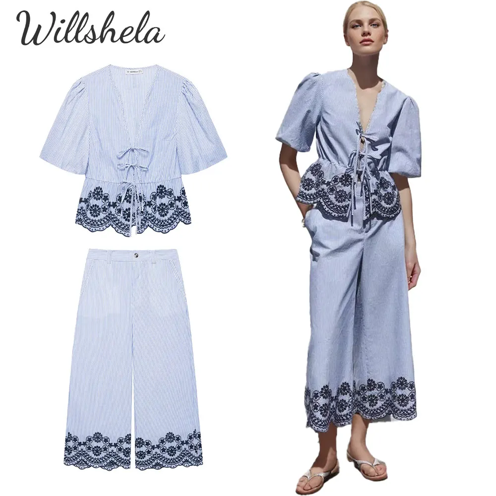 Willshela Women Fashion 2 Pieces Sets Striped Embroidery Shirt and Wide Leg Straight Ankle-Length Pants Female Trousers suits
Willshela Women Fashion 2 Pieces Sets Striped Embroidery Shirt and Wide Leg Straight Ankle-Length Pants Female Trousers suits