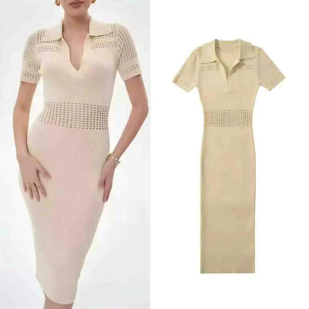 Women's new fashion hollow out design elastic slim knitted hip hugging style MIDI dress retro short sleeved women's dress
Women's new fashion hollow out design elastic slim knitted hip hugging style MIDI dress retro short sleeved women's dress