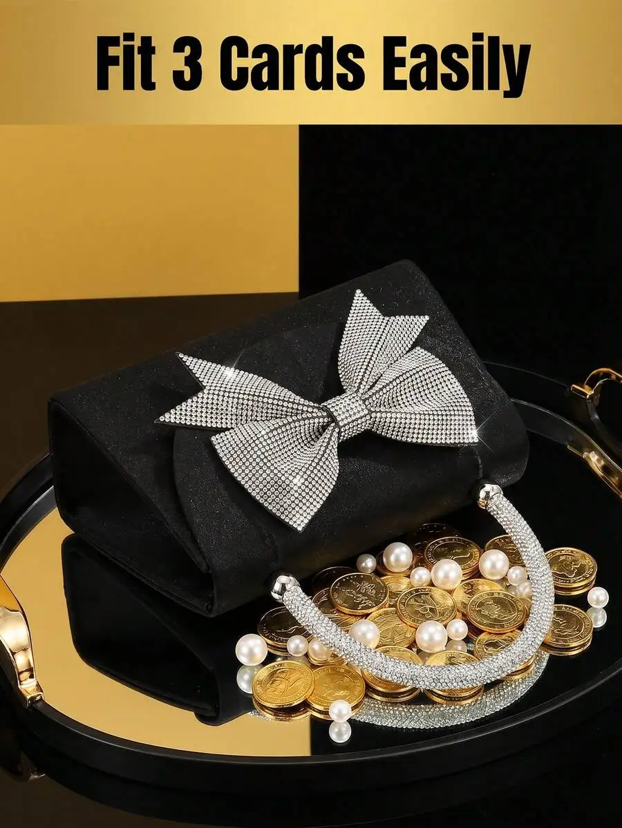 Elegant Black Satin Clutch With Sparkling Rhinestone Bow And Pearl-Embellished Handle For Evening Wedding Prom Events
Elegant Black Satin Clutch With Sparkling Rhinestone Bow And Pearl-Embellished Handle For Evening Wedding Prom Events