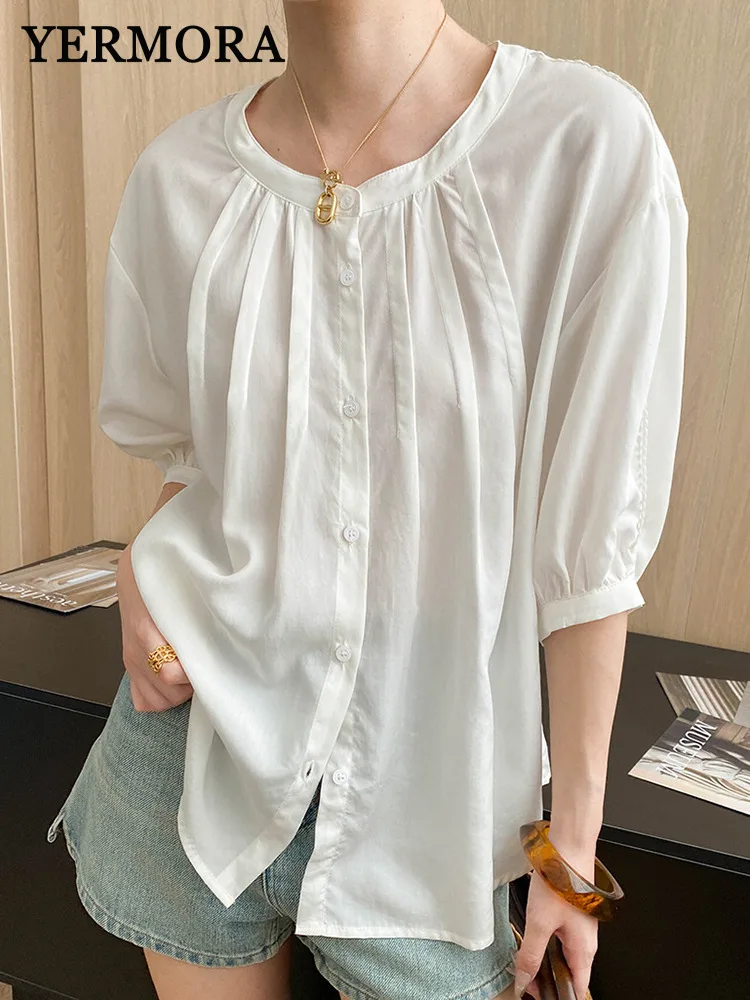 YERMORA White Pleated Button Casual Blouse For Women O-neck Short Sleeve Loose New Shirt Fsahion Tide Spring Summer 2025
YERMORA White Pleated Button Casual Blouse For Women O-neck Short Sleeve Loose New Shirt Fsahion Tide Spring Summer 2025