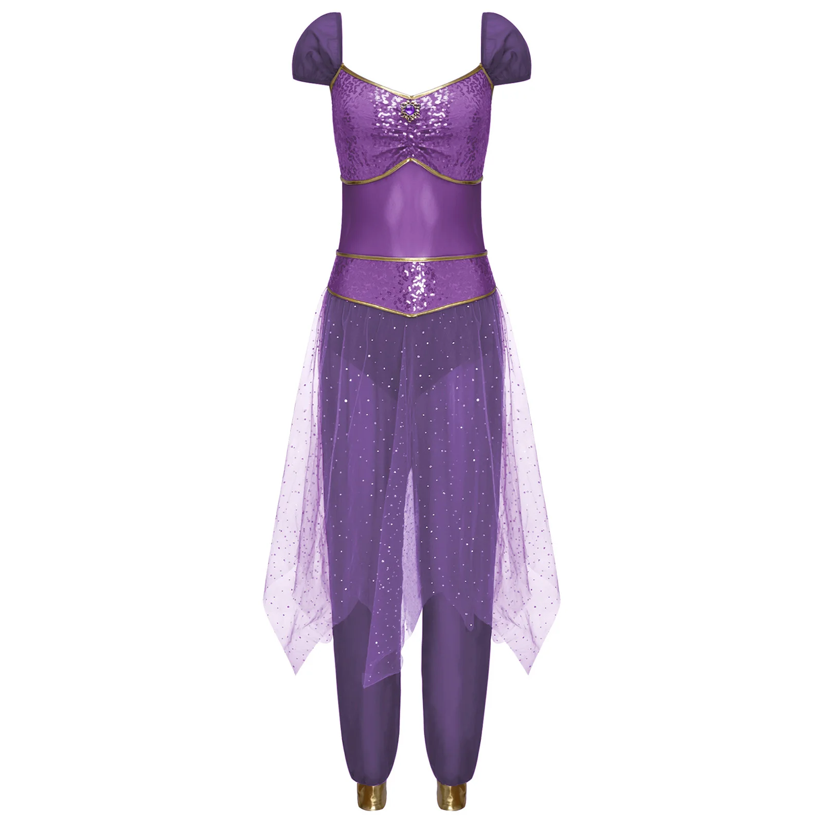 Women Arabian Princess Costume Belly Dance Jumpsuit with Gemstone Sequins Sheer Tulle Romper for Halloween Masquerade Ball Party
Women Arabian Princess Costume Belly Dance Jumpsuit with Gemstone Sequins Sheer Tulle Romper for Halloween Masquerade Ball Party
