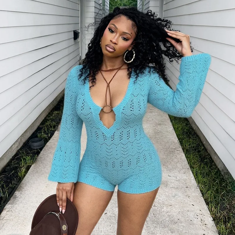 2025 Autumn Solid Knitted Hollow Out Skinny Rompers Women Drop V Full Flare Sleeve High Waist Hips Wrapped Playsuits Streetwear
2025 Autumn Solid Knitted Hollow Out Skinny Rompers Women Drop V Full Flare Sleeve High Waist Hips Wrapped Playsuits Streetwear
