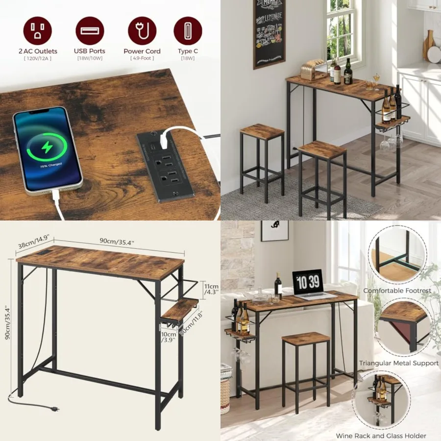 Bar Table, 35.4-Inch Counter Height Pub Table with Charging Station, Rectangular Dining Table with Wine Rack and Glass Holder,
Bar Table, 35.4-Inch Counter Height Pub Table with Charging Station, Rectangular Dining Table with Wine Rack and Glass Holder,
