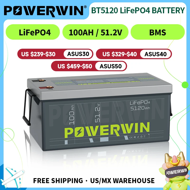POWERWIN BT5120 51.2V 100Ah 5120Wh LiFePO4 battery Built-in BMS Deep Cycles Solar rechargeable Durable eBike motorcycle Scooter
POWERWIN BT5120 51.2V 100Ah 5120Wh LiFePO4 battery Built-in BMS Deep Cycles Solar rechargeable Durable eBike motorcycle Scooter