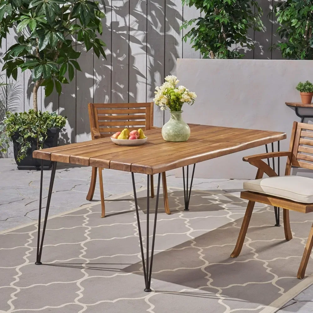 72" Patio Table with Acacia Wood Top, Rustic Iron Hairpin Legs, Teak Finish, Rectangular Outdoor Table
72" Patio Table with Acacia Wood Top, Rustic Iron Hairpin Legs, Teak Finish, Rectangular Outdoor Table