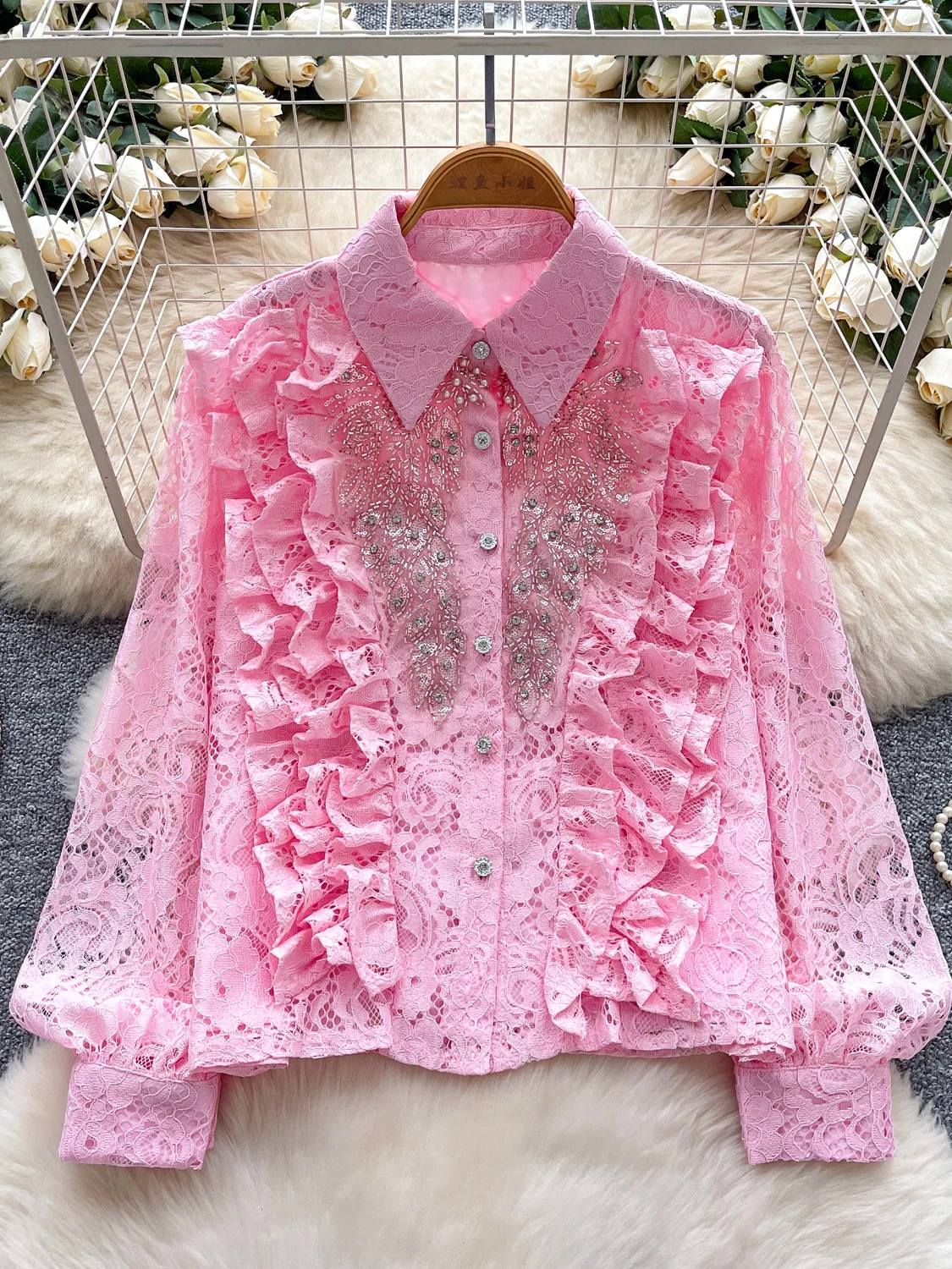 Embroidered Lace Long Sleeve Shirt Single Button Heavy Work Sequin Blouse Girls Fashion Spring Autumn Loose Fit Top
Embroidered Lace Long Sleeve Shirt Single Button Heavy Work Sequin Blouse Girls Fashion Spring Autumn Loose Fit Top