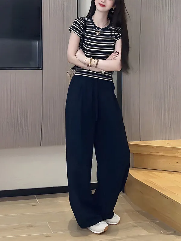 Spring Summer Fashion Set Women's Loose Striped T-shirt High Waist Wide Leg Pants Two Piece Set Comfortable Casual Style
Spring Summer Fashion Set Women's Loose Striped T-shirt High Waist Wide Leg Pants Two Piece Set Comfortable Casual Style