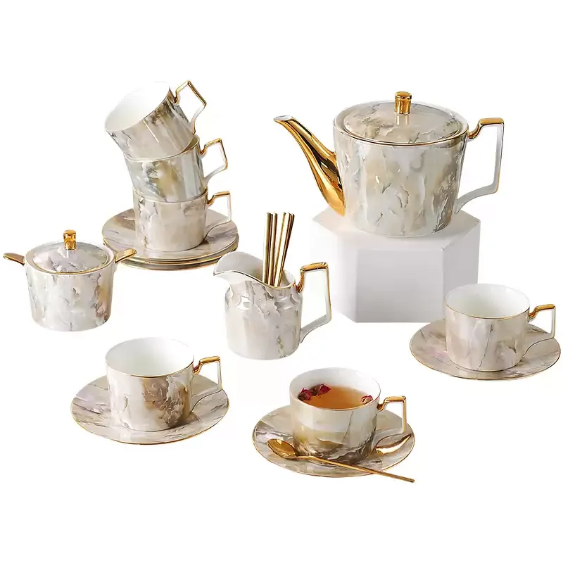European Marble Pattern Ceramic Tea Coffee 15-Piece Set Gold Rim Teacup Teapot With Metal Storage Rack Serving Tray
European Marble Pattern Ceramic Tea Coffee 15-Piece Set Gold Rim Teacup Teapot With Metal Storage Rack Serving Tray