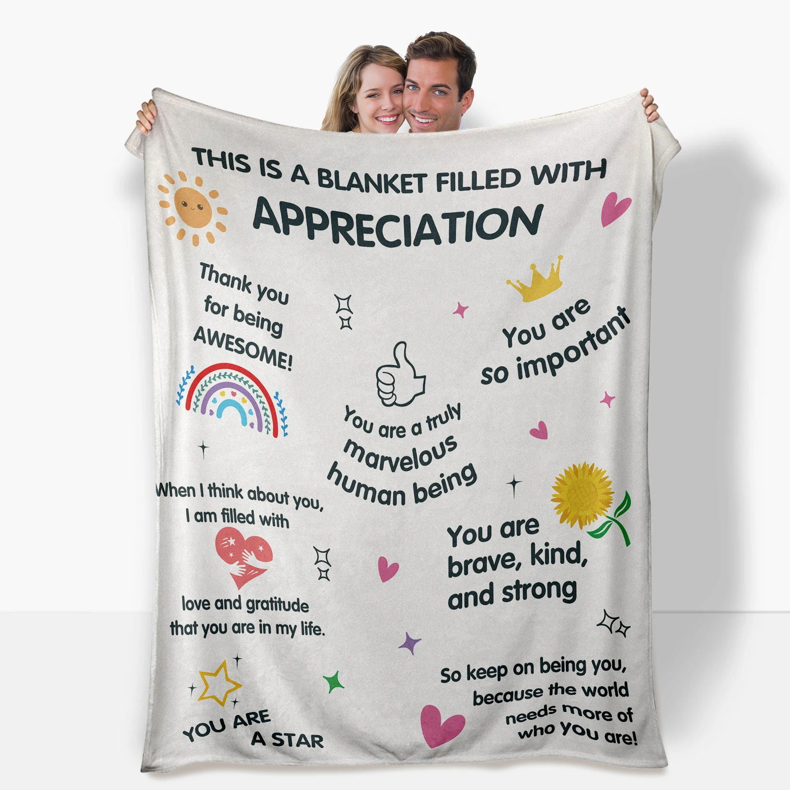Flannel blanket featuring rainbow flowers and hearts with sweet messages for friends celebrating friendship
Flannel blanket featuring rainbow flowers and hearts with sweet messages for friends celebrating friendship