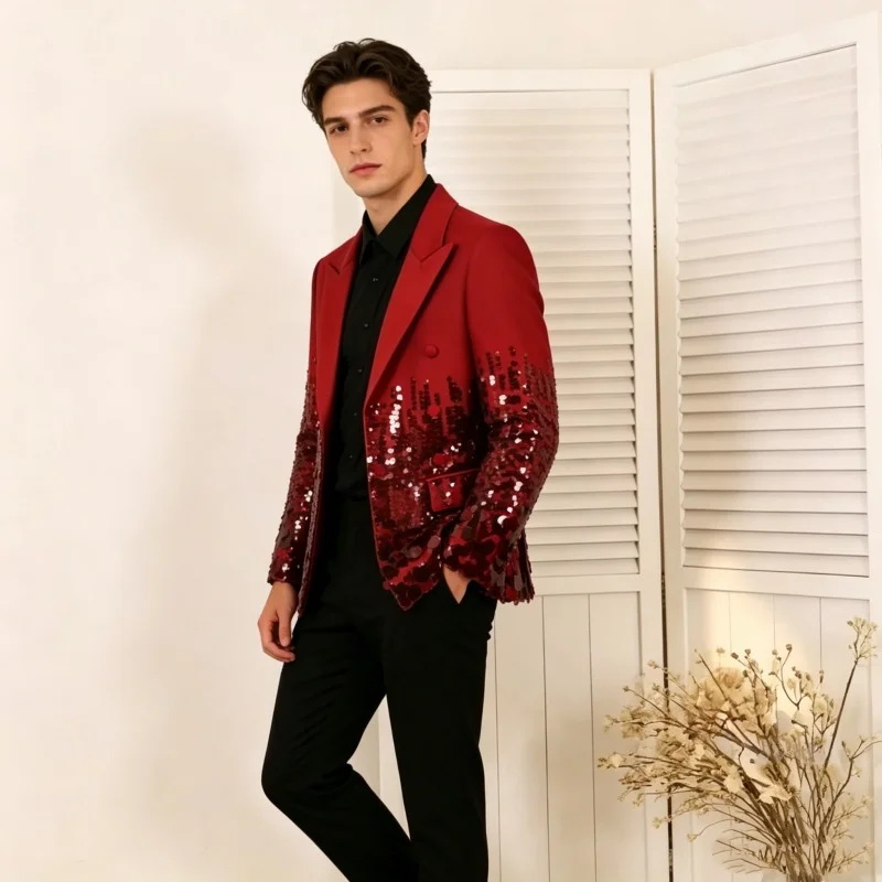 Men's Slim Wine Red Sequin Suit Jacket Star Singer Stage Performance Casual Blazer Evening Party Catwalk Nightclub Shiny Tuxedo
Men's Slim Wine Red Sequin Suit Jacket Star Singer Stage Performance Casual Blazer Evening Party Catwalk Nightclub Shiny Tuxedo