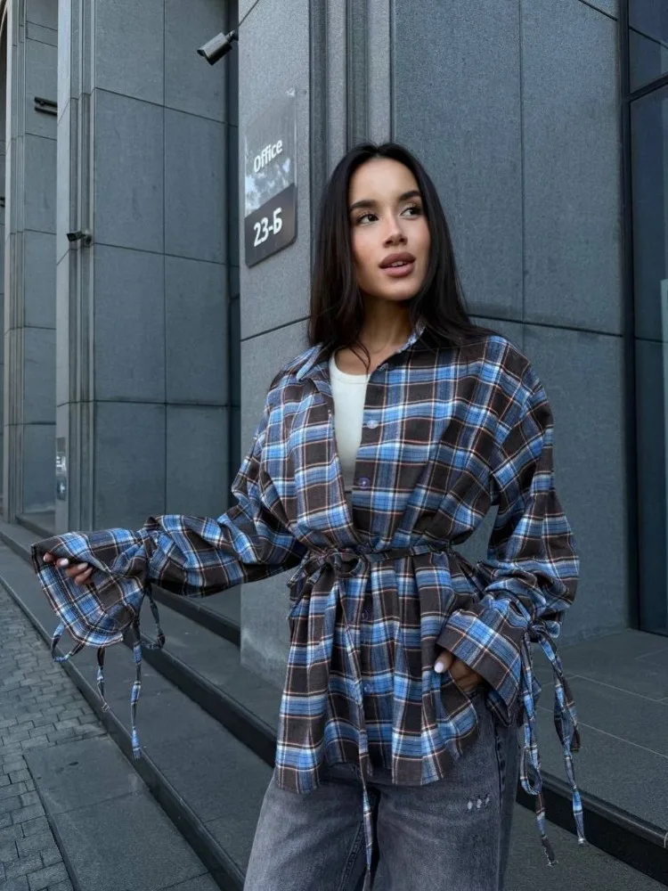 Spring Summer European American New Women Loose Patchwork Retro Plaid Shirt Belt Tied Rope Top Blouse Womens Tops Shirts Trend
Spring Summer European American New Women Loose Patchwork Retro Plaid Shirt Belt Tied Rope Top Blouse Womens Tops Shirts Trend