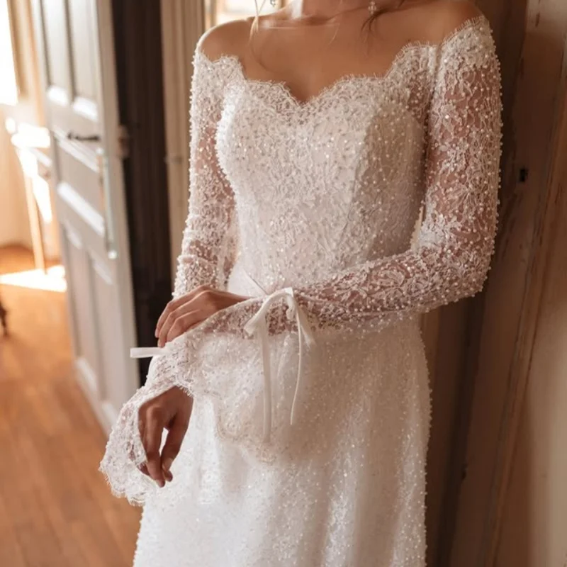 Pearl jewelry white Wedding Dresses The corset glitter lace decal off-shoulder Bridal long sleeves Gowns multi-layer Made
Pearl jewelry white Wedding Dresses The corset glitter lace decal off-shoulder Bridal long sleeves Gowns multi-layer Made
