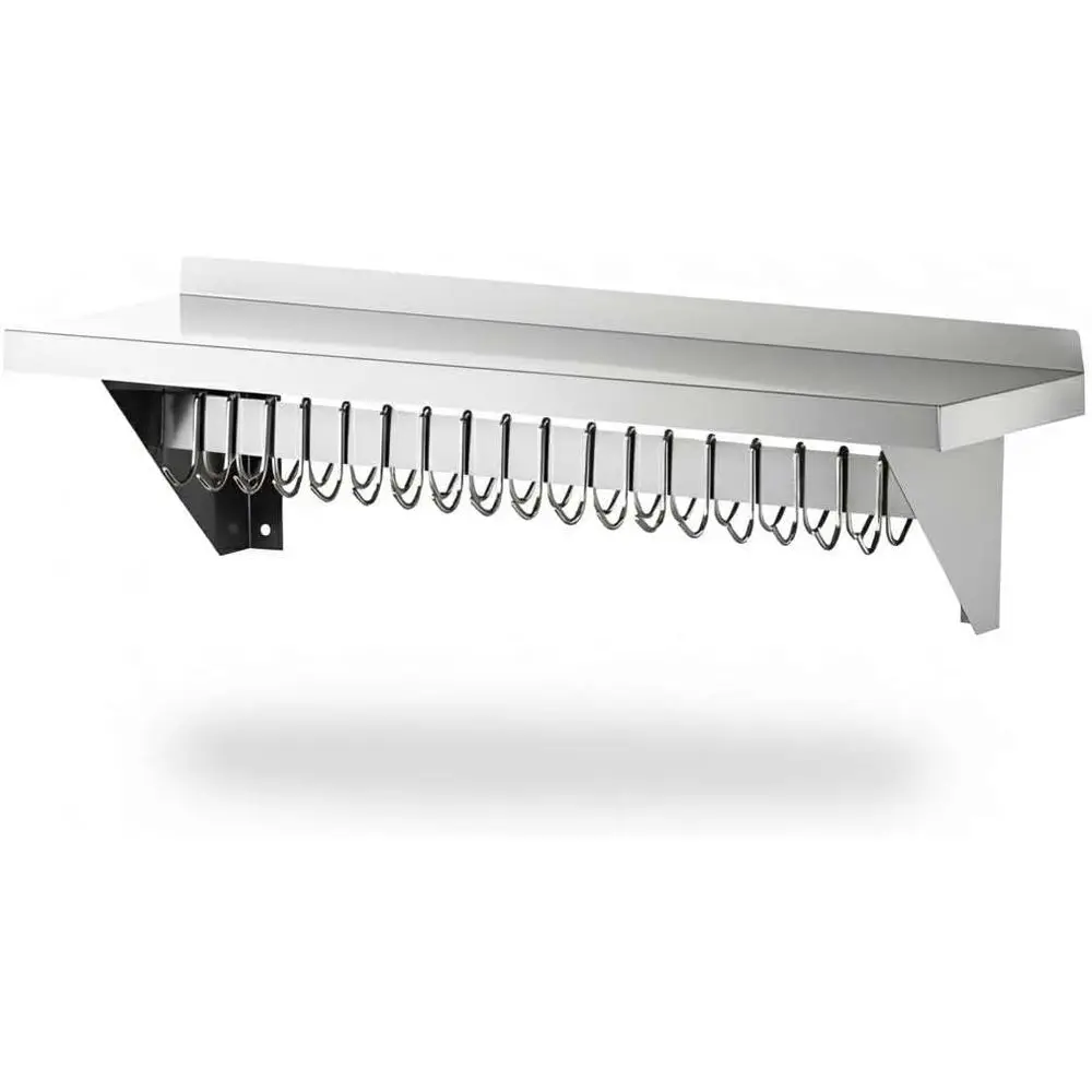 12 x 36 Heavy-Duty Stainless Steel Wall Shelf with Pot Pan Hooks for Commercial Kitchen
12 x 36 Heavy-Duty Stainless Steel Wall Shelf with Pot Pan Hooks for Commercial Kitchen