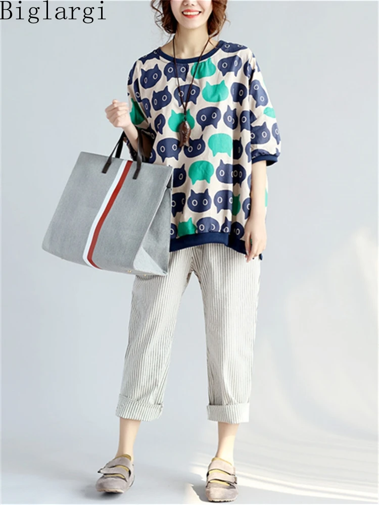 Летняя женская футболка большого размера с кошачьим принтом, женские повседневные свободные хлопковые льняные топы, корейская модная женская футболка-пуловер
Летняя женская футболка большого размера с кошачьим принтом, женские повседневные свободные хлопковые льняные топы, корейская модная женская футболка-пуловер