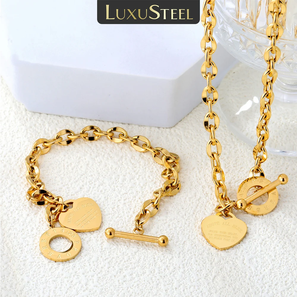 LUXUSTEEL Golden Heart Shaped Pendants Necklace Bracelet Sets For Women Stainless Steel Chain Necklace Bangle Set Jewelry Gift
LUXUSTEEL Golden Heart Shaped Pendants Necklace Bracelet Sets For Women Stainless Steel Chain Necklace Bangle Set Jewelry Gift