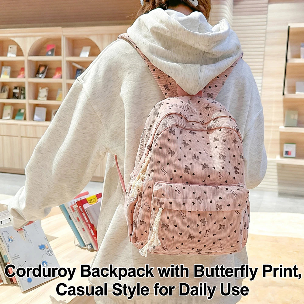 Corduroy Butterfly Print Backpack, Large Capacity Multi-pocket School Bag for Students, Daily Commute & Casual Outings
Corduroy Butterfly Print Backpack, Large Capacity Multi-pocket School Bag for Students, Daily Commute & Casual Outings
