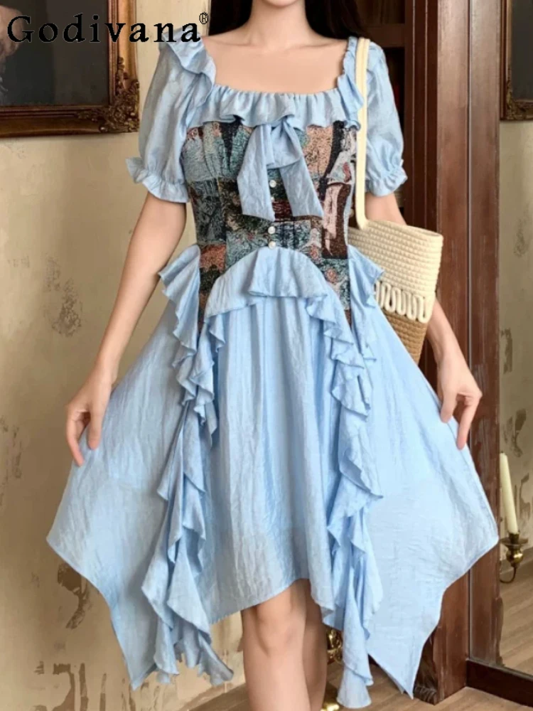 Summer New Large Size Ruffles Splicing Elegant Square Neck Blue Dress French Court Irregular Short Sleeve Princess Dresses
Summer New Large Size Ruffles Splicing Elegant Square Neck Blue Dress French Court Irregular Short Sleeve Princess Dresses