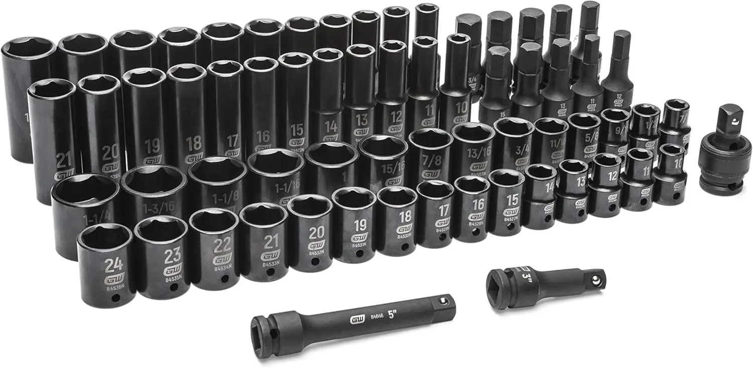 65-Piece 1/2" Drive SAE/MM Impact Socket Set with Corrosion-Resistant Finish
65-Piece 1/2" Drive SAE/MM Impact Socket Set with Corrosion-Resistant Finish