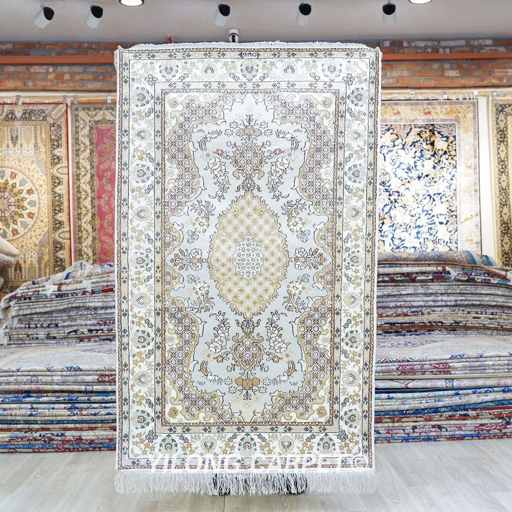 91x152cm Persian Carpet White Handmade Medallion Oriental Silk Rug (WY388M)
91x152cm Persian Carpet White Handmade Medallion Oriental Silk Rug (WY388M)