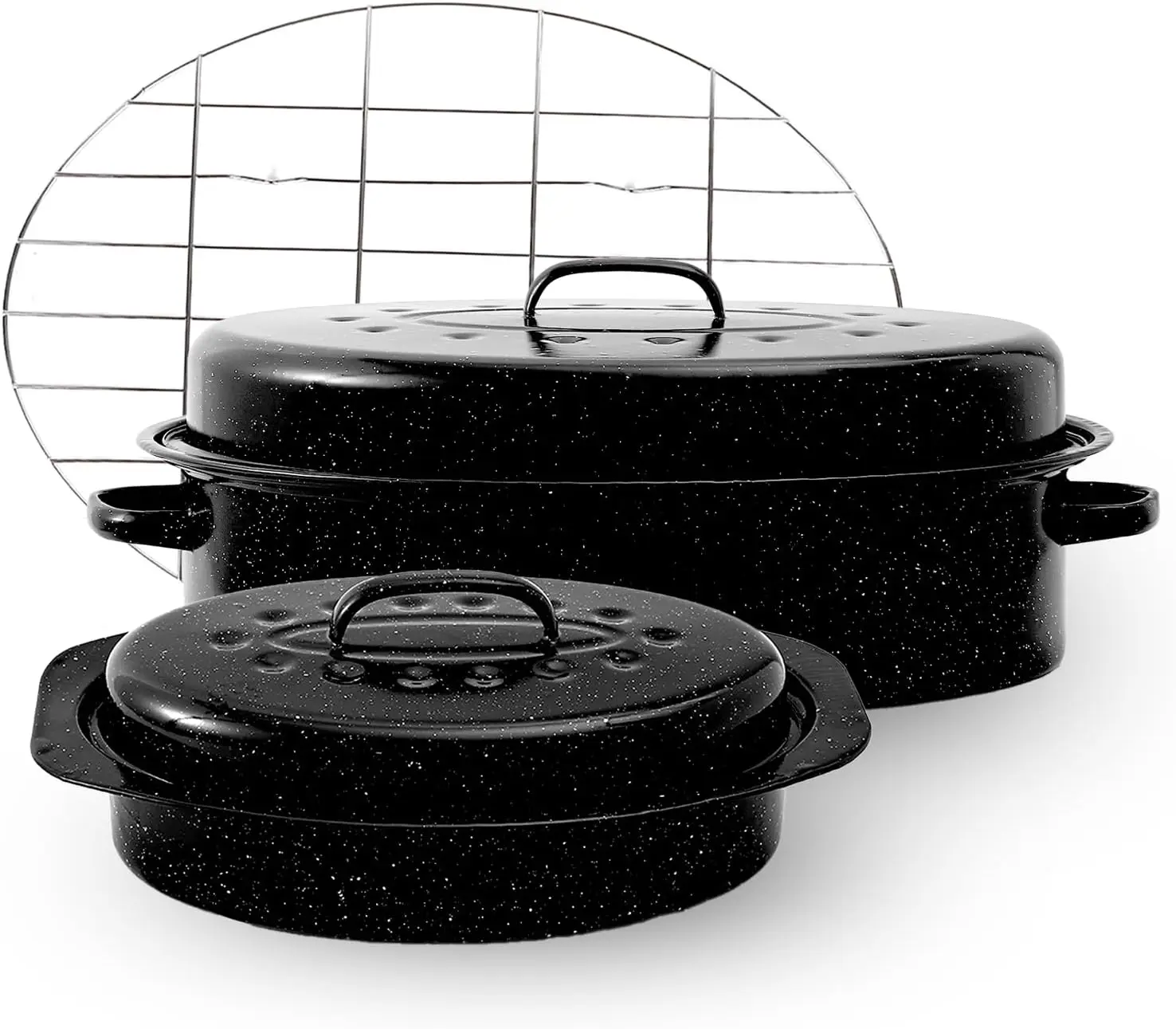 13" & 18" Enamel Roasting Pan Set with Lid & Rack, High Temp Resistant, Dishwasher Safe
13" & 18" Enamel Roasting Pan Set with Lid & Rack, High Temp Resistant, Dishwasher Safe