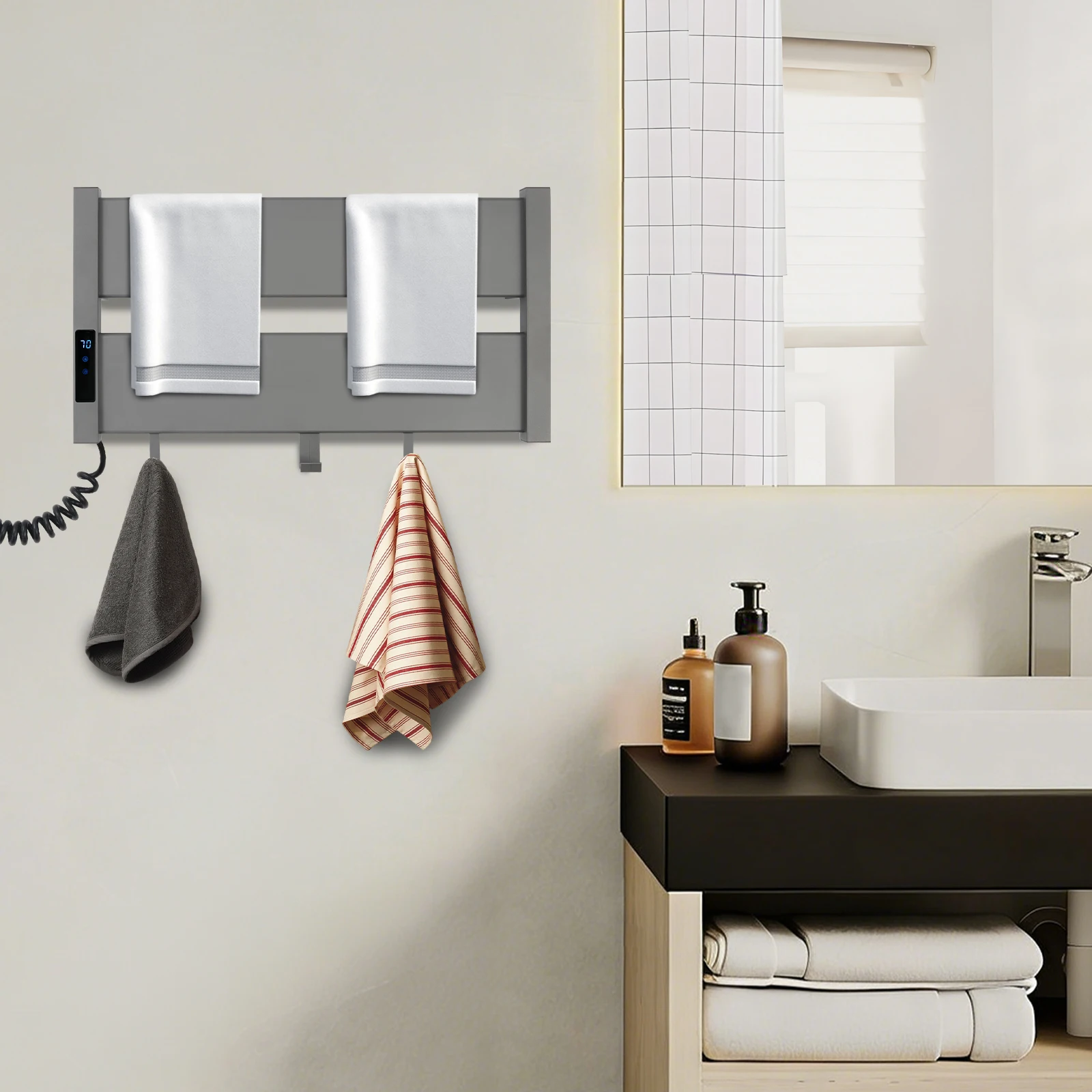 Grey Wall-Mounted Electric Heated Towel Warmer Rack 100W Power IPX4 Water Prevention Grade for Bathroom
Grey Wall-Mounted Electric Heated Towel Warmer Rack 100W Power IPX4 Water Prevention Grade for Bathroom