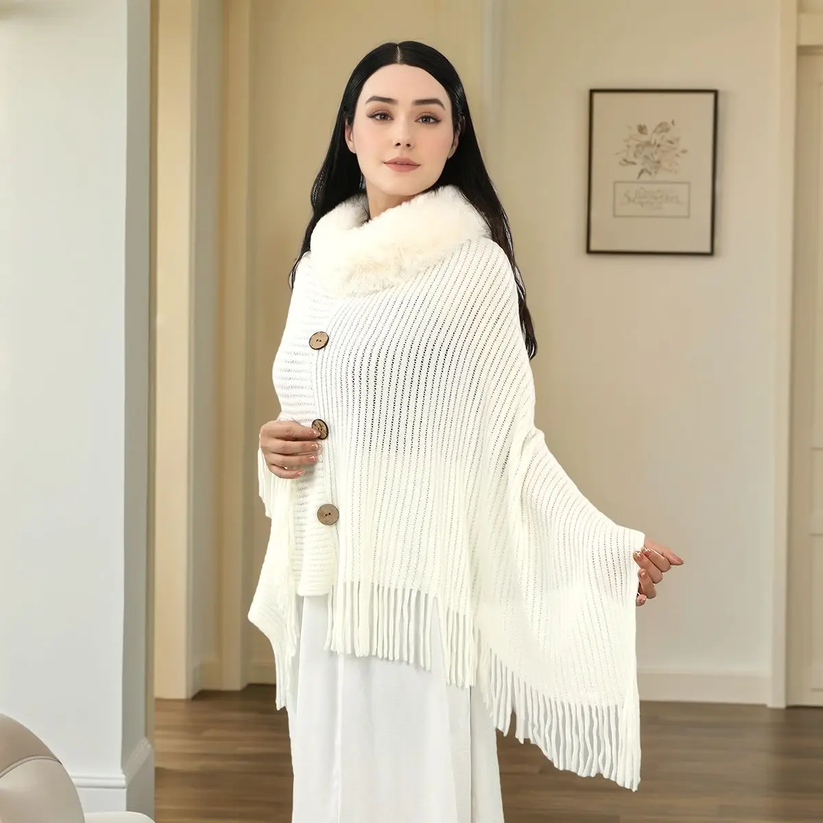 Winter Fashion Tassel Button Shawl Sleeves Faux Rex Rabbit Knitwear Cape keep Warm Women Autumn Wraps Capes Poncho Outwear
Winter Fashion Tassel Button Shawl Sleeves Faux Rex Rabbit Knitwear Cape keep Warm Women Autumn Wraps Capes Poncho Outwear