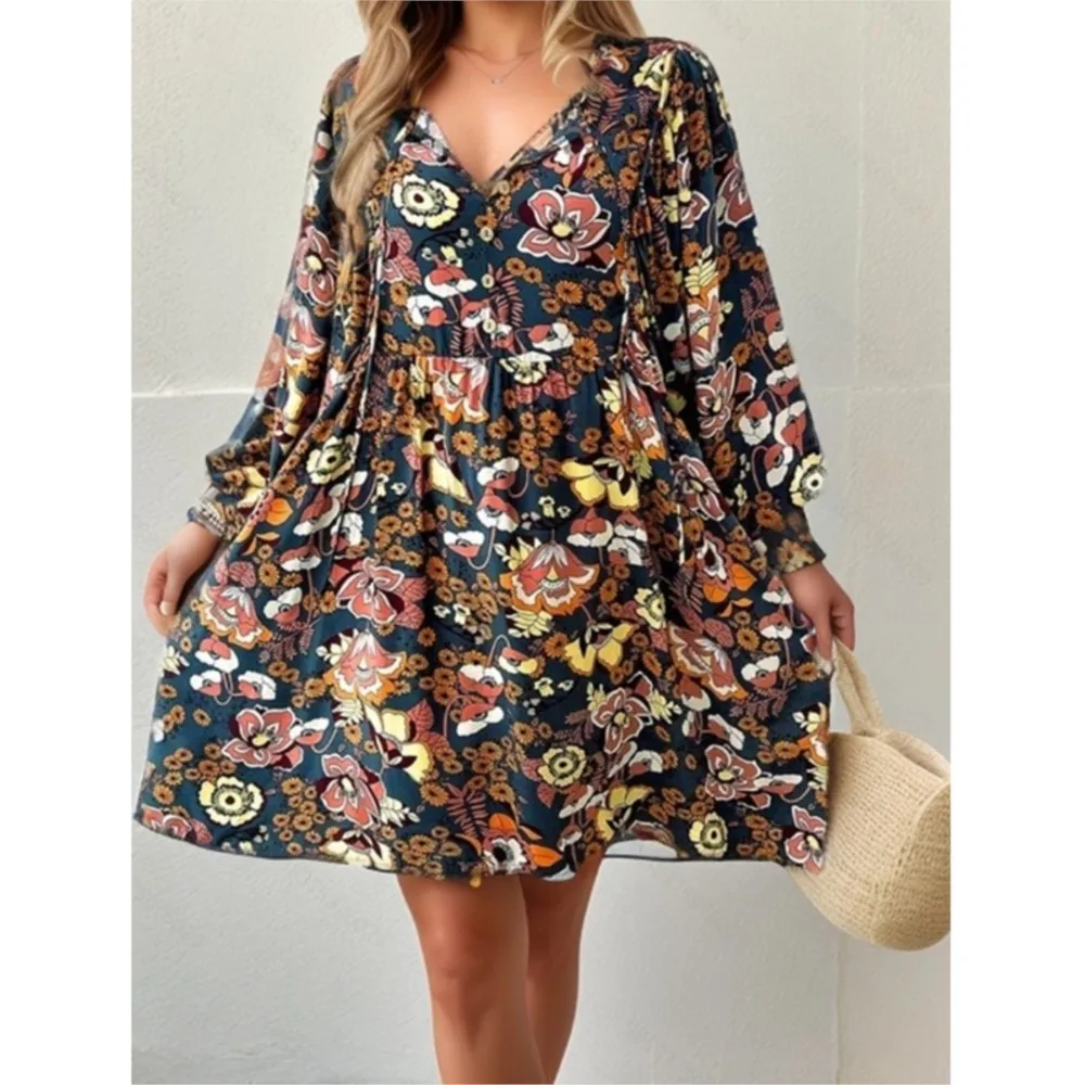 Elegant Floral Print Long Sleeve Pleated Dress Women V Neck Lace-up A-line Mini Dress Spring Casual High Waist Holiday Dress
Elegant Floral Print Long Sleeve Pleated Dress Women V Neck Lace-up A-line Mini Dress Spring Casual High Waist Holiday Dress