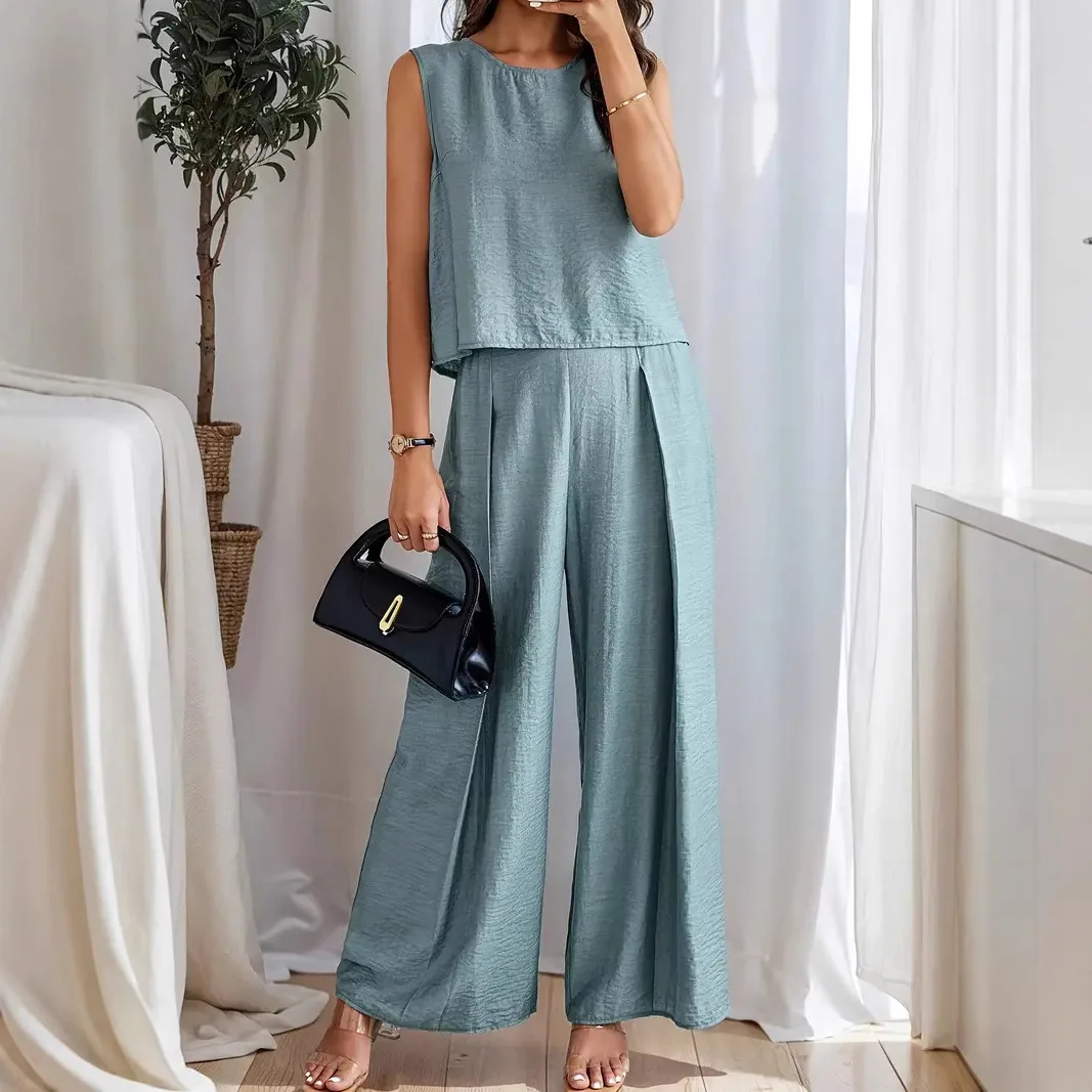 Summer Women's Two Pieces Set Sleeveless Round Neck Solid Color Top Pleated Wide Leg Pants Elegant Casual Women's Clothing 
Summer Women's Two Pieces Set Sleeveless Round Neck Solid Color Top Pleated Wide Leg Pants Elegant Casual Women's Clothing