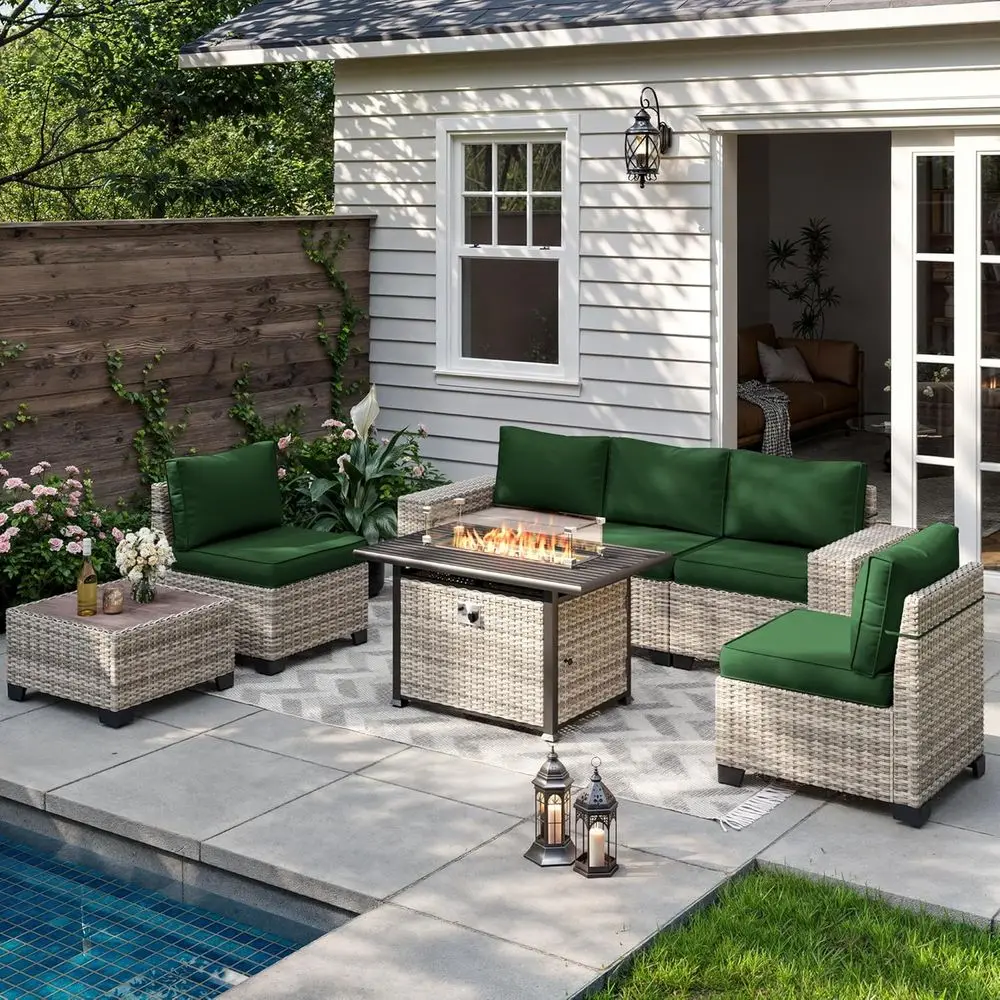 7-Piece Outdoor Patio Furniture Set with 55,000 BTU Fire Pit Table, PE Wicker Rattan Sectional Sofa Patio Conversation Set with
7-Piece Outdoor Patio Furniture Set with 55,000 BTU Fire Pit Table, PE Wicker Rattan Sectional Sofa Patio Conversation Set with