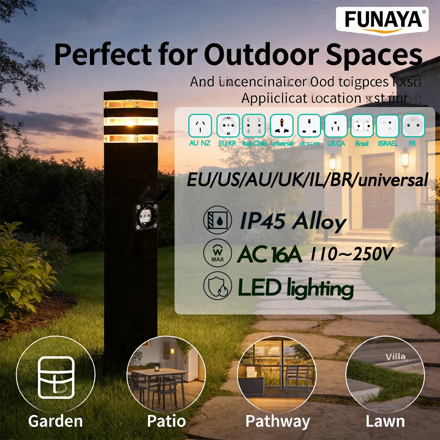 FUNAYA Outdoor Garden Light with Waterproof Socket EU/AU/US/UK/IL/universal IP45 LED E27 Multi Plug Outlet for Villa Courtyard
FUNAYA Outdoor Garden Light with Waterproof Socket EU/AU/US/UK/IL/universal IP45 LED E27 Multi Plug Outlet for Villa Courtyard