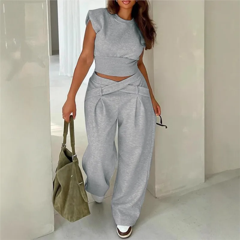 New Solid Two-Piece Sets For Women Casual Round Neck Vest Jacket Paired With Loose Wide-Leg Pant Summer Elegant 2Piece Set
New Solid Two-Piece Sets For Women Casual Round Neck Vest Jacket Paired With Loose Wide-Leg Pant Summer Elegant 2Piece Set