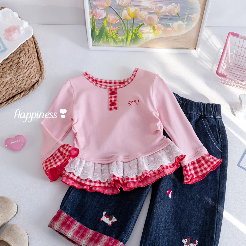 Girls Suit2026Spring new stylish plaid bow lace long sleeveTCute embroidered shirt and jeans
Girls Suit2026Spring new stylish plaid bow lace long sleeveTCute embroidered shirt and jeans