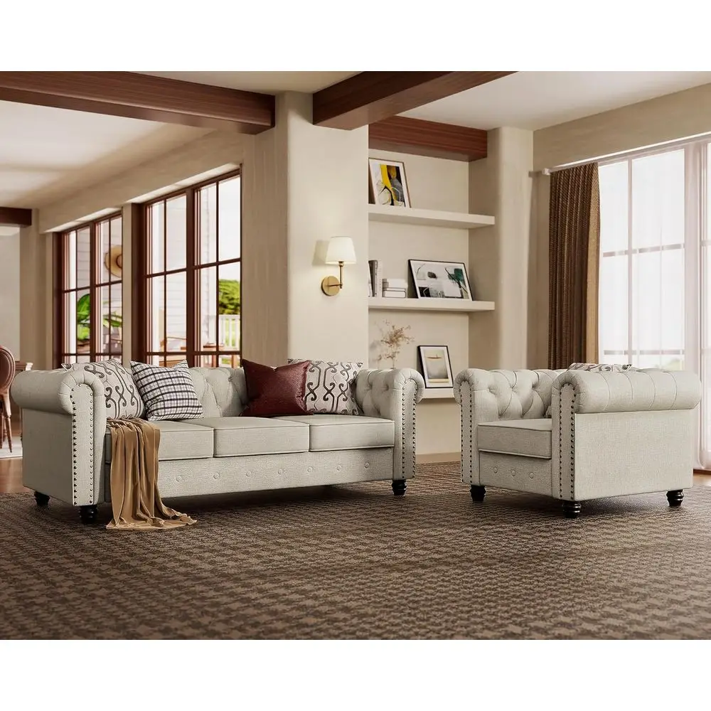 Бежевый диванный гарнитур из шенилла, ширина 82 дюйма, глубина 34,5 дюйма, высота 30 дюймов, в стиле Честерфилд, простая сборка, подходит для домашних животных, выдерживает до 1430 фунтов.
Бежевый диванный гарнитур из шенилла, ширина 82 дюйма, глубина 34,5 дюйма, высота 30 дюймов, в стиле Честерфилд, простая сборка, подходит для домашних животных, выдерживает до 1430 фунтов.