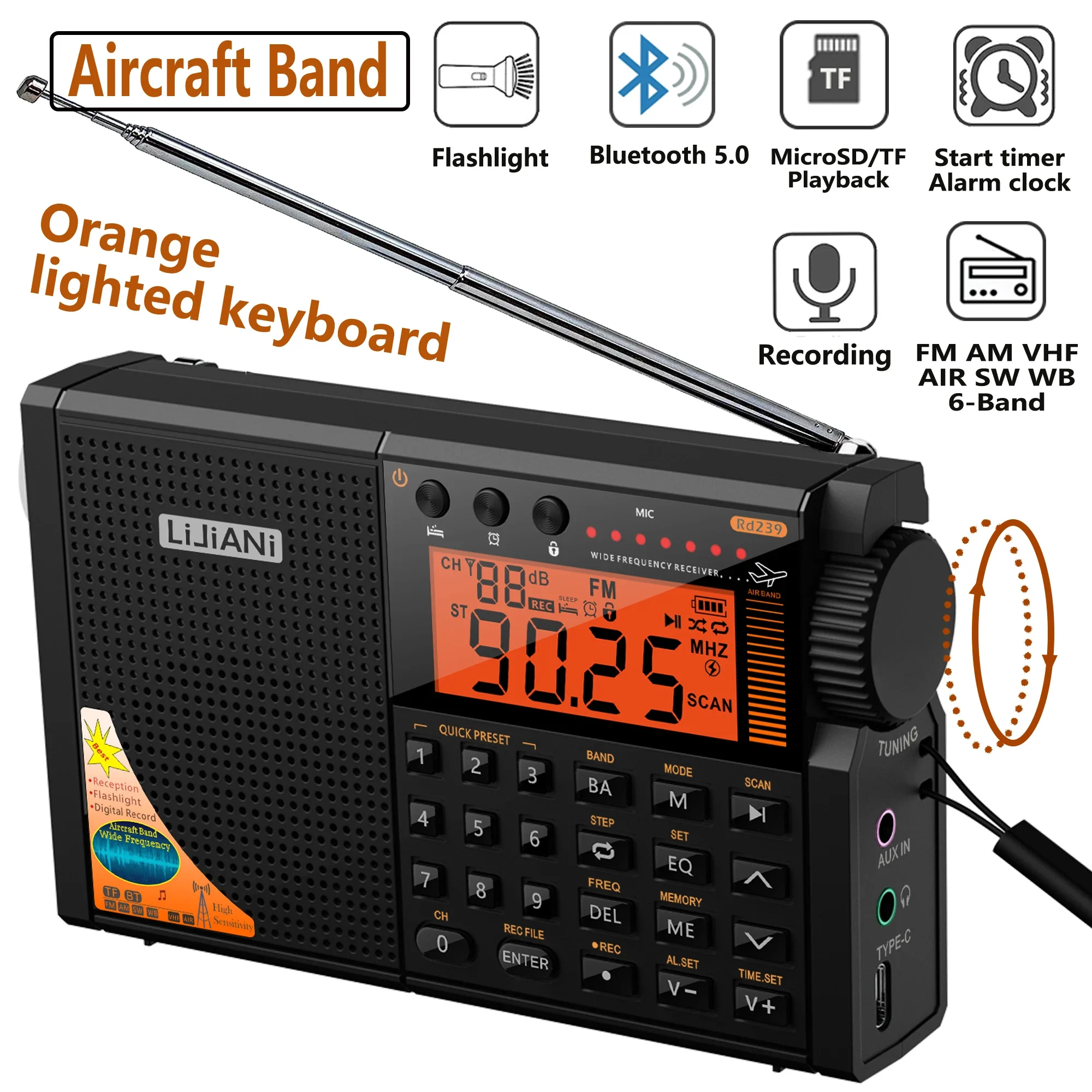 rd239 Aircraft Radio AIR/VHF/AM/FM/SW/Weather Bands Transistor with Bluetooth/TF Card/Flashlight,MP3 Player, Digital Record,
rd239 Aircraft Radio AIR/VHF/AM/FM/SW/Weather Bands Transistor with Bluetooth/TF Card/Flashlight,MP3 Player, Digital Record,