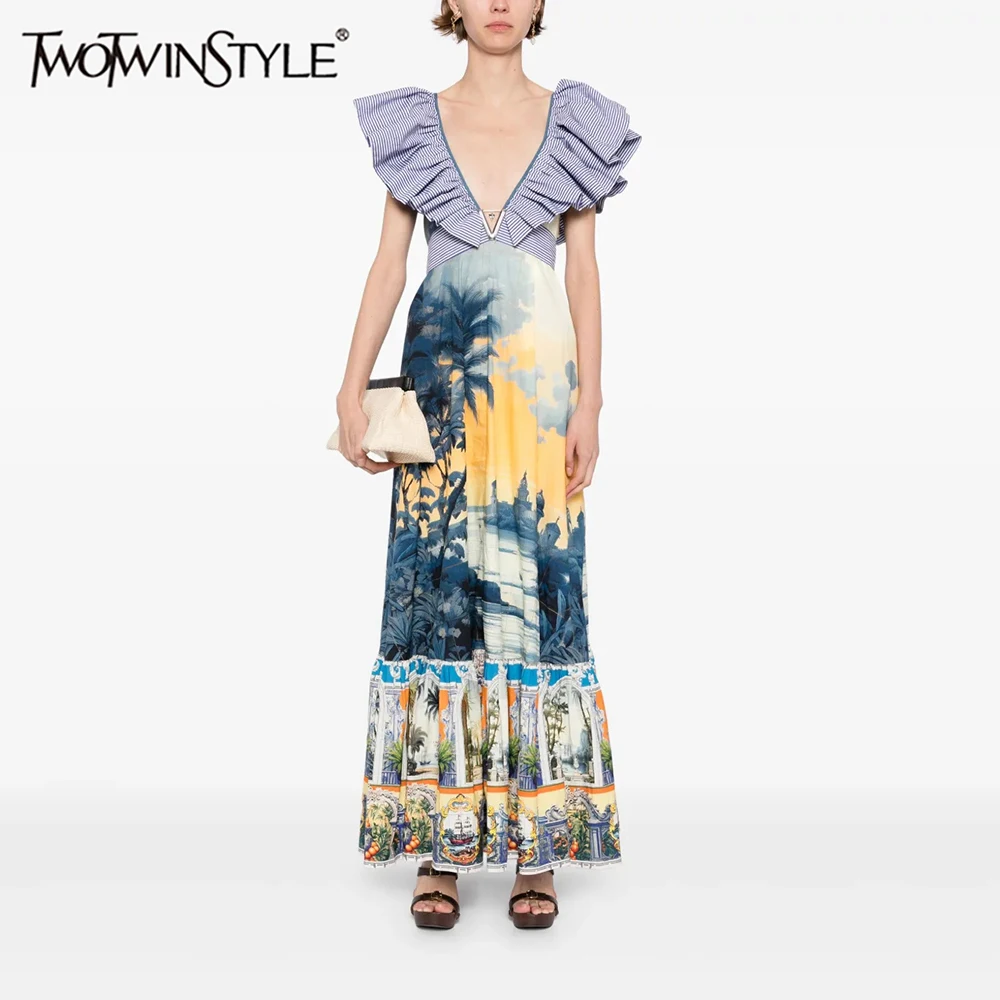 TWOTWINSTYLE Colorblock Spliced Printing Fashion Dresses for Women V Neck Sleeveless Patchwork Ruffles Elelgant Dress Female New
TWOTWINSTYLE Colorblock Spliced Printing Fashion Dresses for Women V Neck Sleeveless Patchwork Ruffles Elelgant Dress Female New