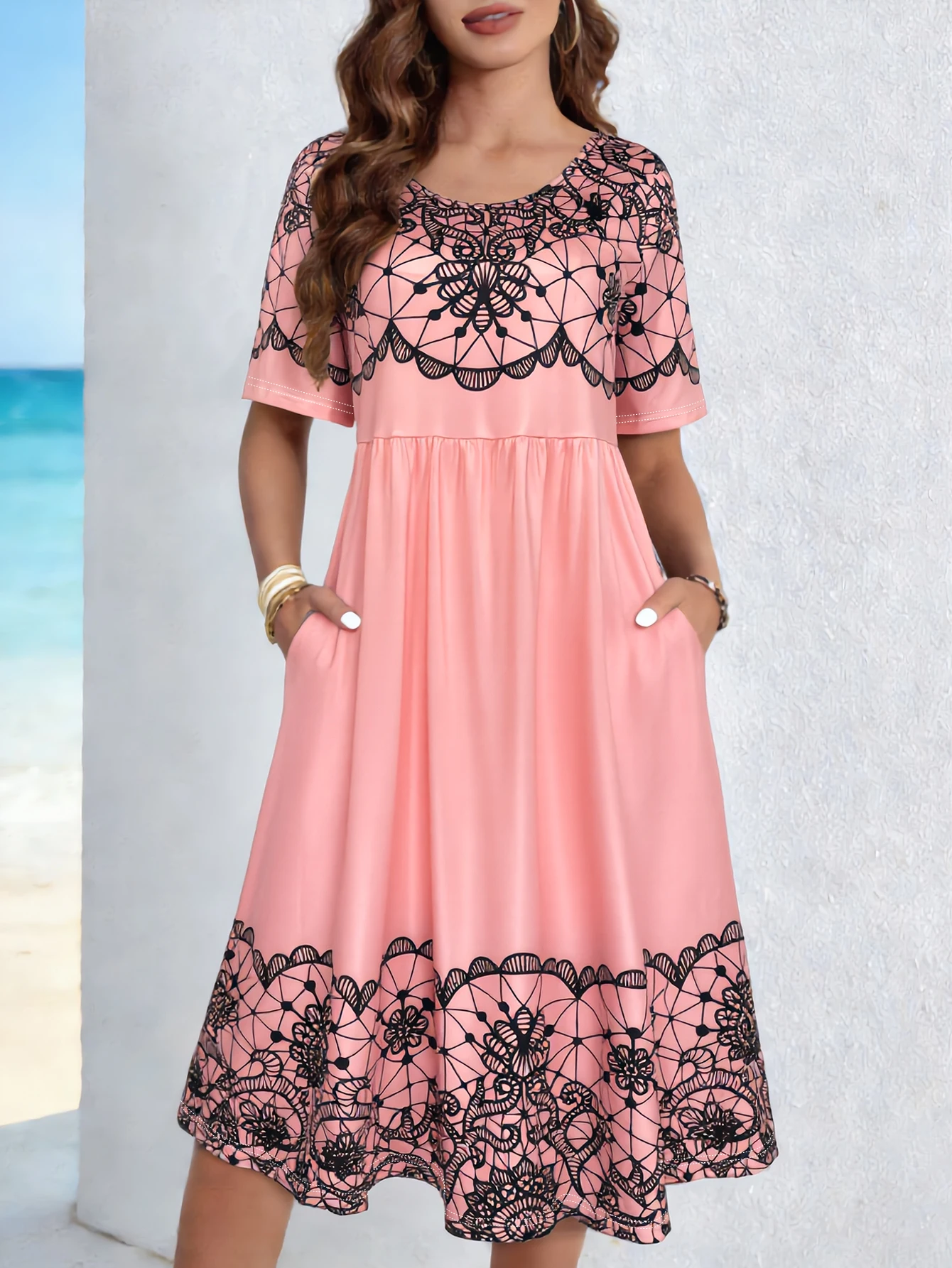 Women’s Pink & Black Lace Print Midi Dress, Round Neck Short Sleeve Casual Sundress with Pockets, Flowy Fit for Summer Vacation
Women’s Pink & Black Lace Print Midi Dress, Round Neck Short Sleeve Casual Sundress with Pockets, Flowy Fit for Summer Vacation